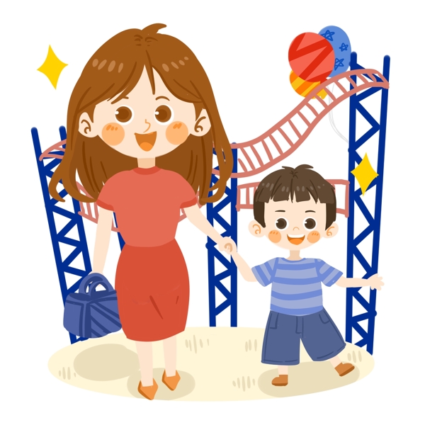 儿童节可爱男孩和妈妈去游乐场PNG素材