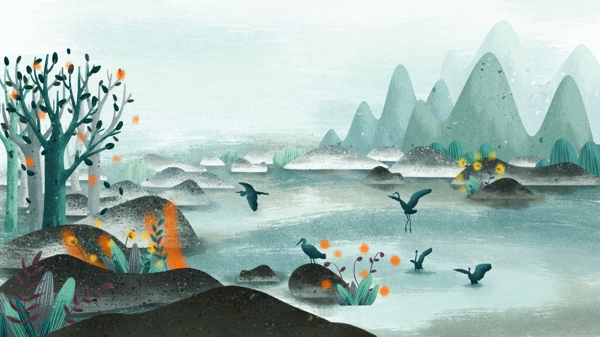 白露节气白鹭山河插画背景设计
