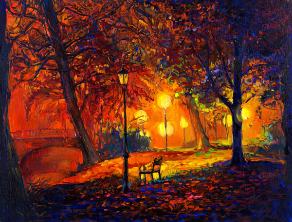 秋天美丽枫树林油画图片