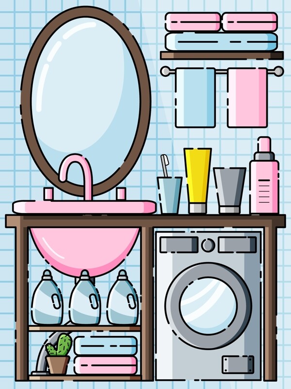 MBE卫生间浴室洗衣机家居洗衣液矢量插画