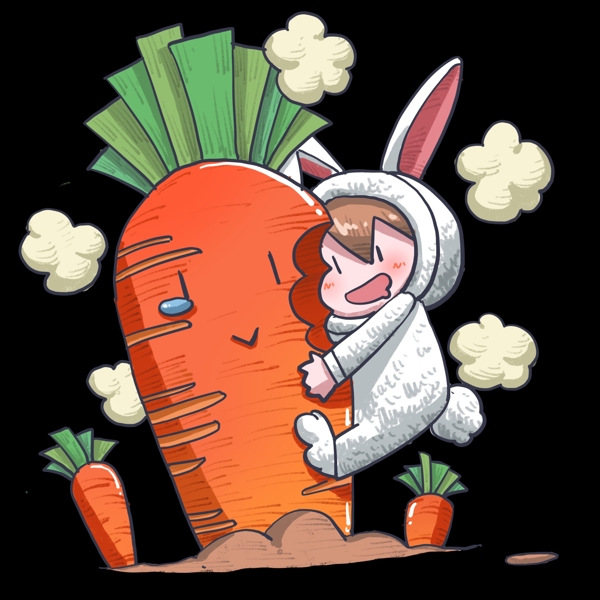 卡通手绘创意抱着萝卜的兔子小娃娃