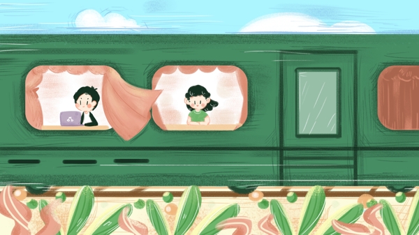 夏日火车旅行插画手绘涂鸦背景海报儿童可爱