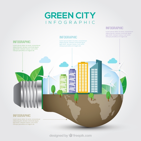 绿色城市里面的灯泡infography