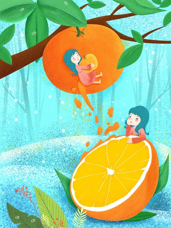 噪点肌理创意水果插画橙子的爱恋