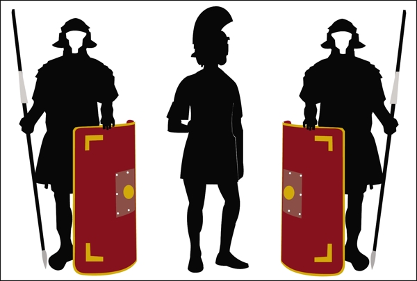 古代铠甲的武士手持盾牌的剪影矢量素材
