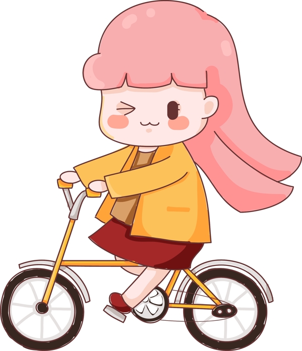 手绘可爱女孩骑着小自行车原创元素