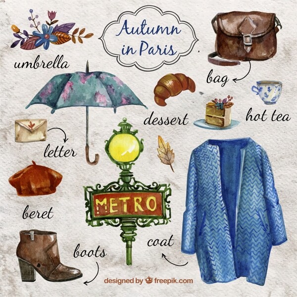 12款水彩绘秋季巴黎元素矢量图