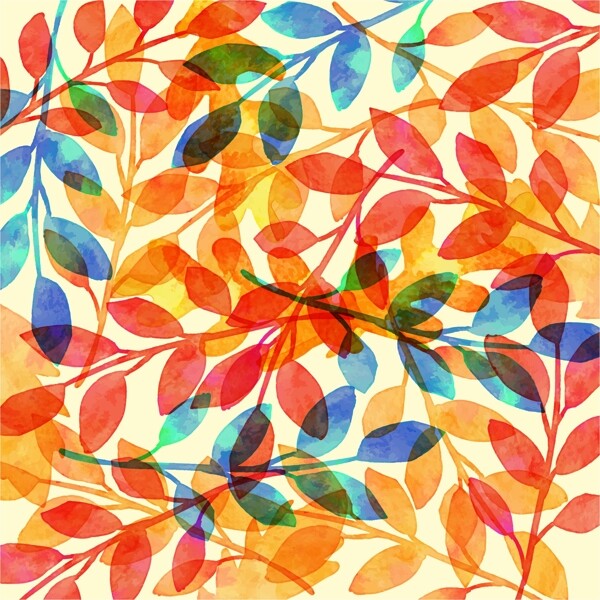 彩色叶子树叶水彩枝条无缝背景图