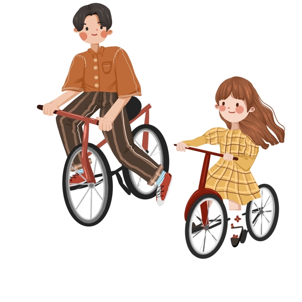 复古手绘一起请自行车旅行的父女俩
