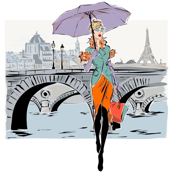 巴黎旅游购物美女插画