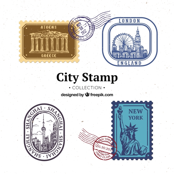 各种形状城市背景邮票邮戳
