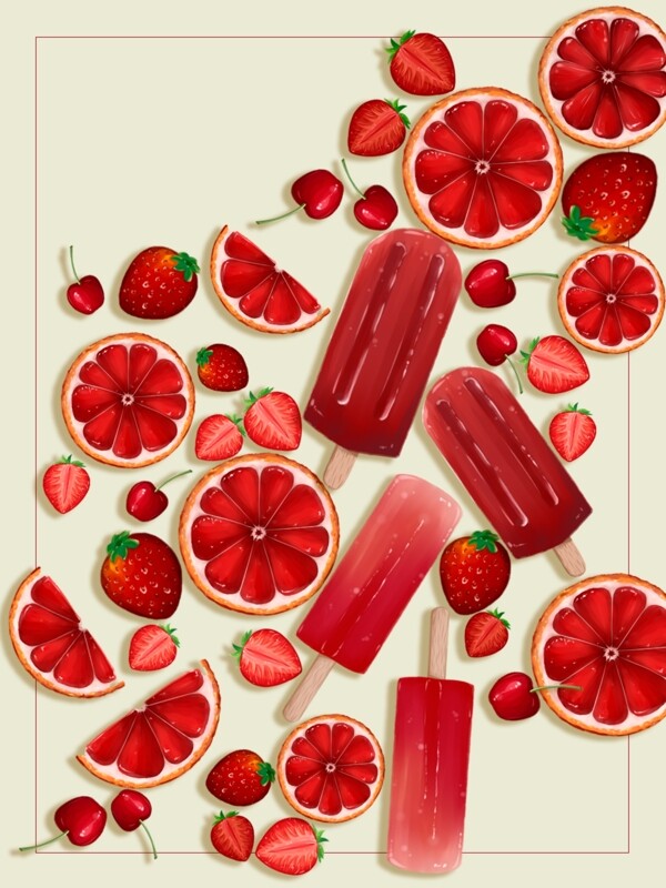 纯手绘原创小清新红色雪糕草莓水果食物背景