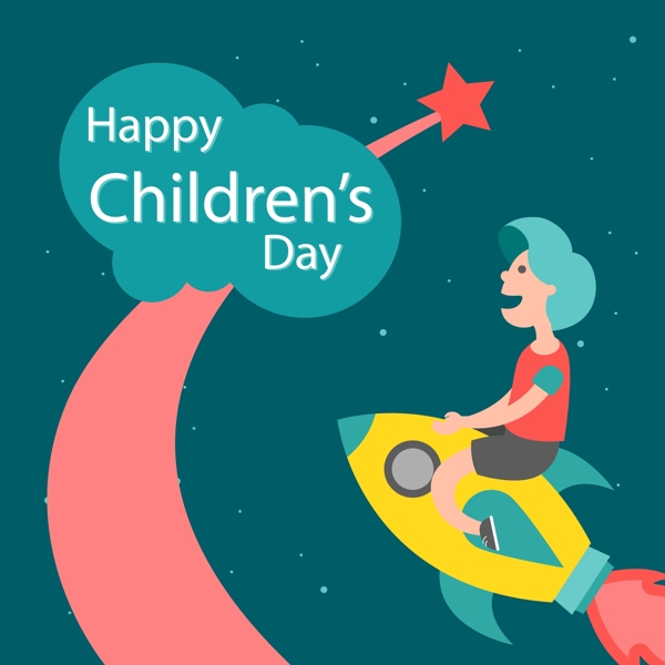 儿童节快乐坐火箭的孩子