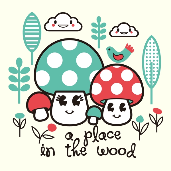 印花矢量图可爱卡通卡通植物蘑菇树免费素材
