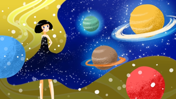 原创手绘插画穿着星空的女孩