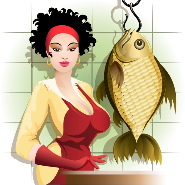 美女和鲤鱼插画
