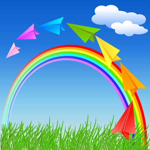 草地纸飞机彩虹背景图片