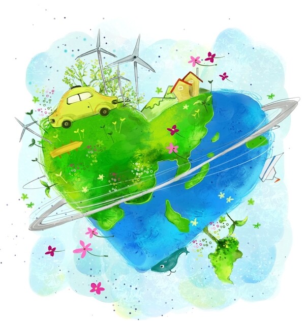 手绘绿色心型地球素材图片