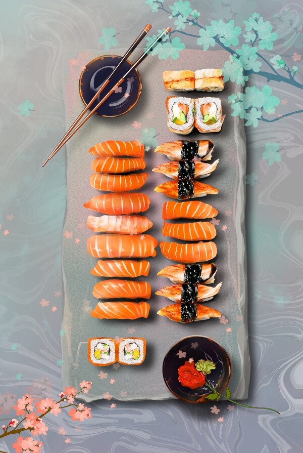 日式美食鱼肉寿司花枝广告背景素材