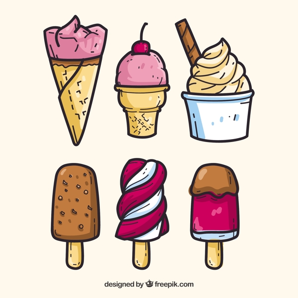 开胃的冰淇淋在手绘风格的集合
