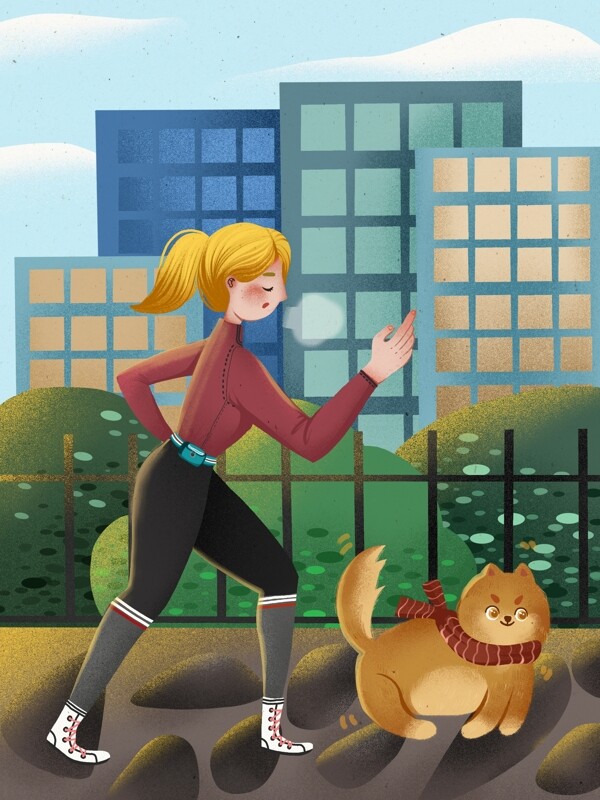 冬日你好女孩在街道和宠物一起晨跑温馨插画