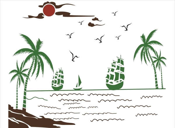 椰子树帆船太阳