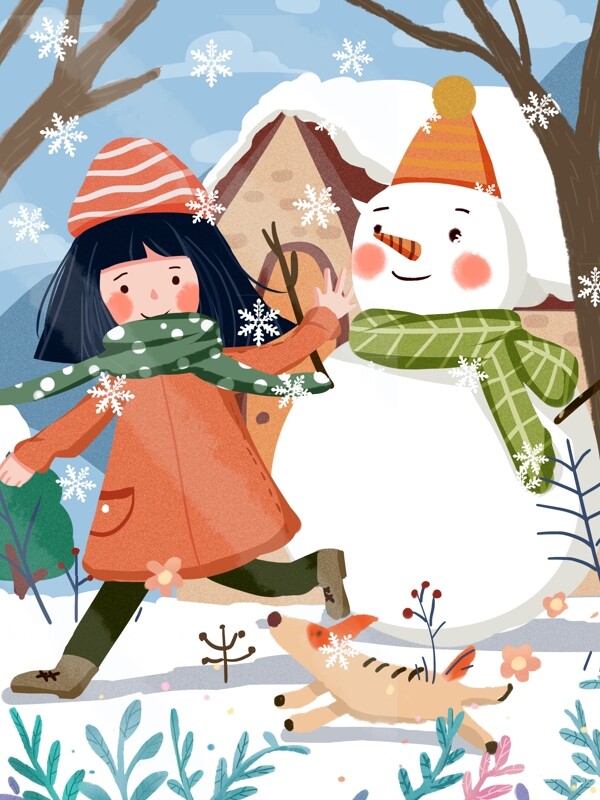 冬天你好小女孩和小狗的玩耍温暖可爱插画