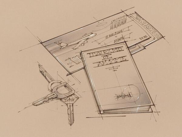 手绘办公室用品钥匙机票旅游手册图片