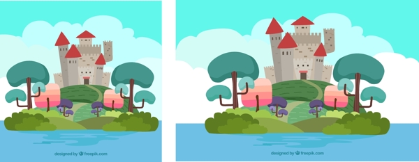 手绘小岛城堡彩色树木风景矢量素材