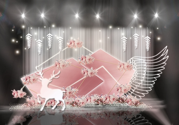 粉色圣诞气氛麋鹿雪花翅膀霓虹灯婚礼效果图
