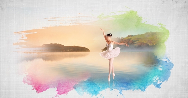 水彩笔画湖面风景芭蕾女孩图片