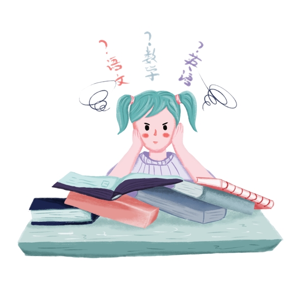 小女孩复习考试学习手绘插画