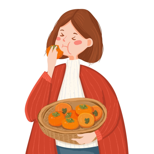 津津有味吃柿子的女孩插画人物可商用元素