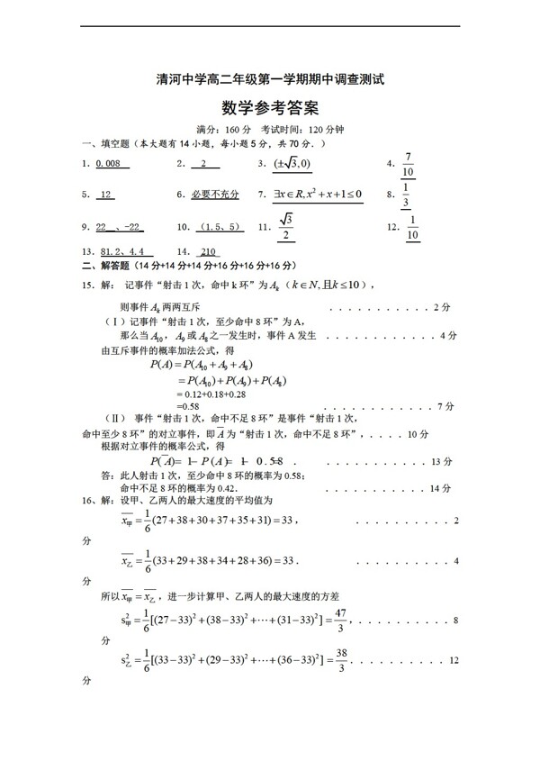 数学苏教版江苏省清河中学20122013学年度第一学期期中调查测试试卷及其答案