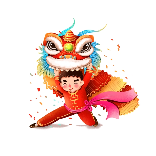 新年春节手绘喜庆舞狮卡通人物PNG素材