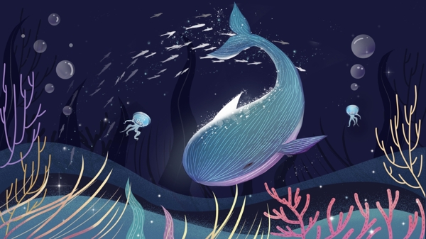 海洋深处游泳的鲸鱼卡通背景