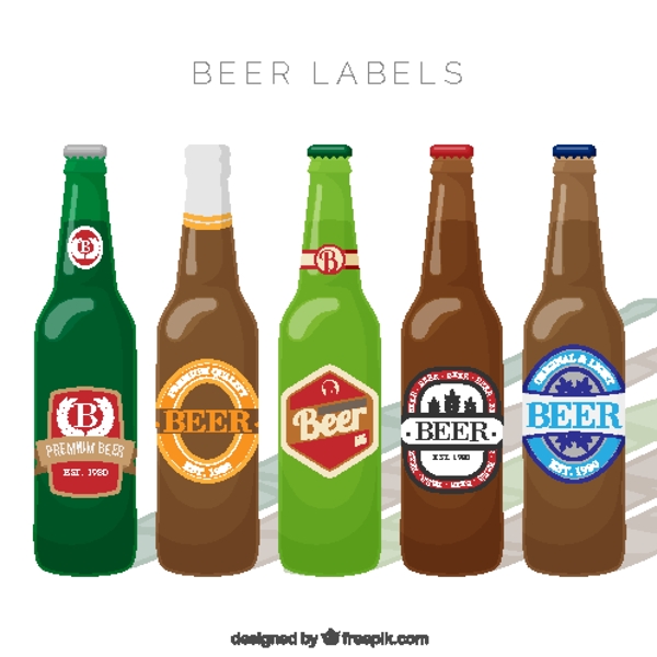 各种不同标签颜色的啤酒瓶