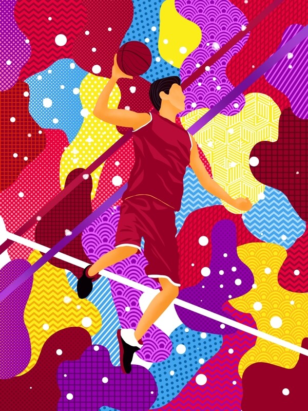 红色游走的梦篮球运动抽象插画