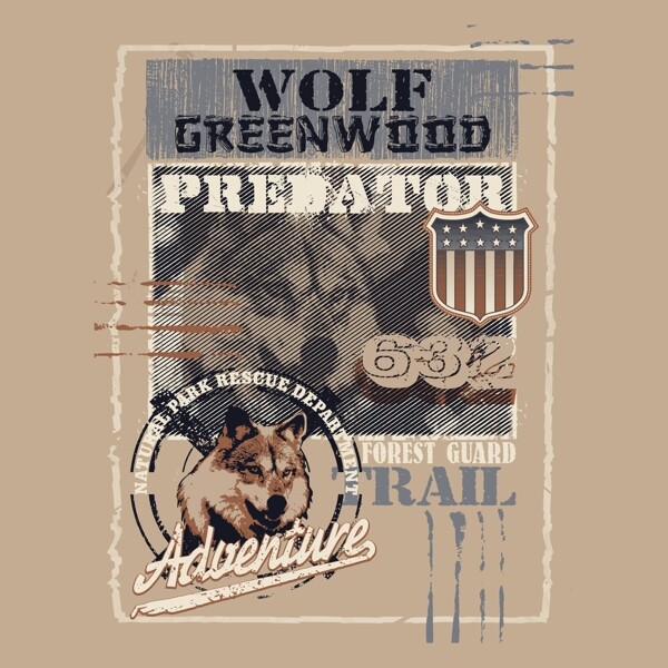 印花矢量图T恤图案图文结合动物狼免费素材