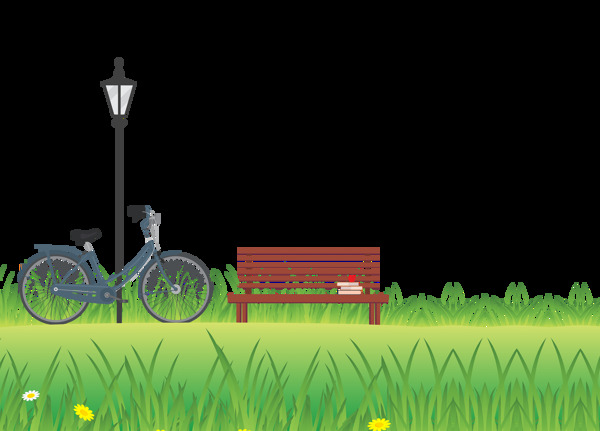 清新绿色草地路灯椅子自行车png元素