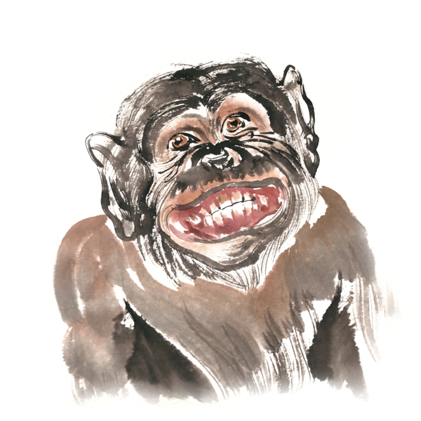 咧嘴笑的猴子水墨画PNG免抠素材