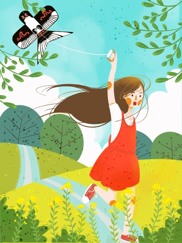绿色小清新二十四节气春分放风筝的女孩插画