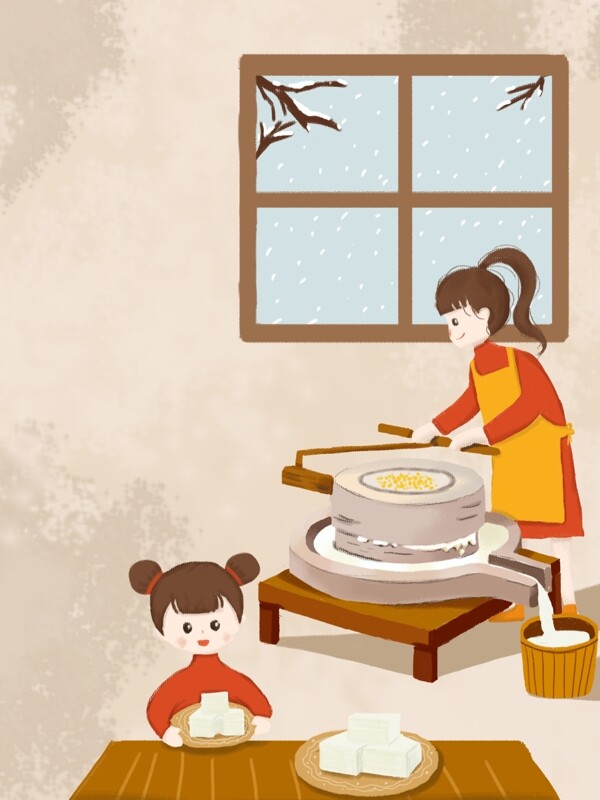彩绘中国风新年做豆腐背景设计