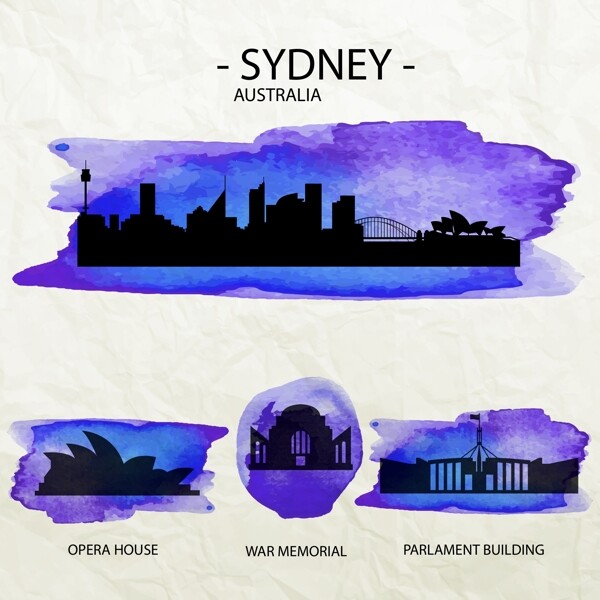 水彩澳大利亚著名建筑矢量图