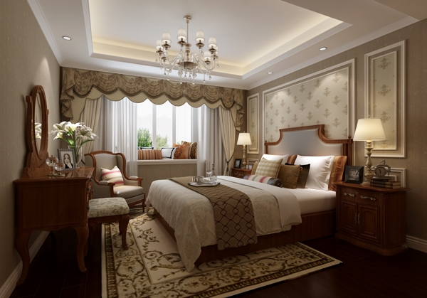 欧式轻奢卧室金色图案地毯室内装修效果图