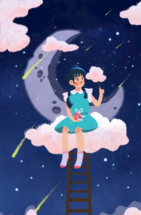 月亮流星云朵女孩插画