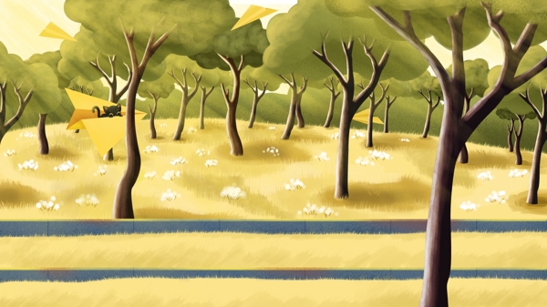 手绘水彩树林背景素材