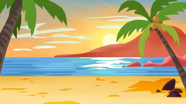 彩绘海边椰树海滩背景