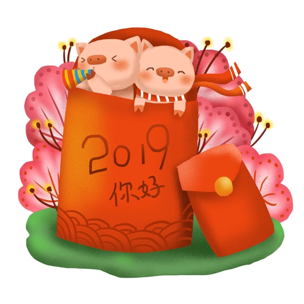 2019你好猪与新年喜庆红包插画