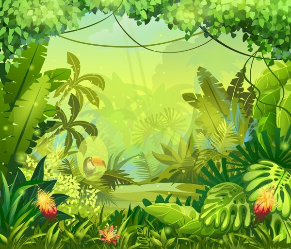 阳光绿色森林插画